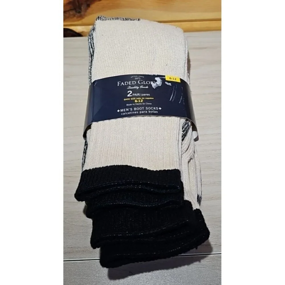2 PAIR Men's Creme w/ Black Trim Faded Glory Boot Socks SIZE 6-12